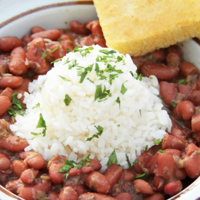 a close up of a bowl of Red Beans