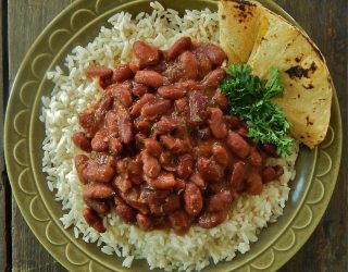 a close up of a plate of Latin American Style Red Beans and Rice