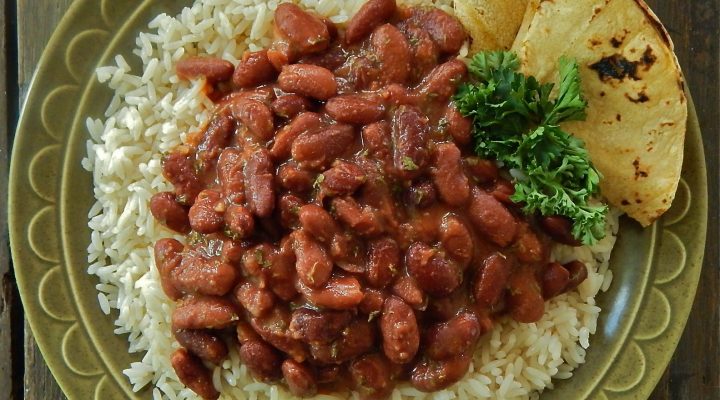 a close up of a plate of Latin American Style Red Beans and Rice