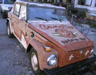 the bean mobile decorated in beans