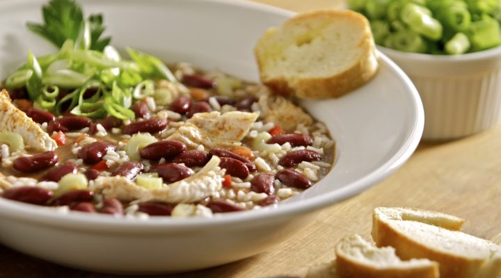 a close up of a bowl of Creole Chicken and Red Bean Gumbo