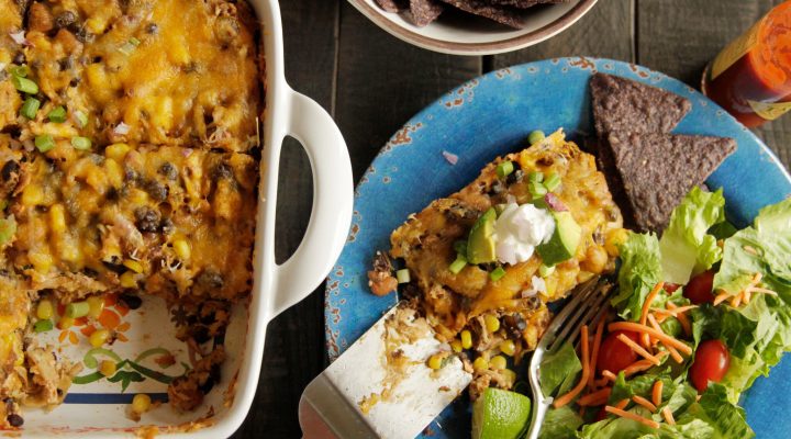 a plate of Smoked Chicken and Black Bean Enchilada Casserole