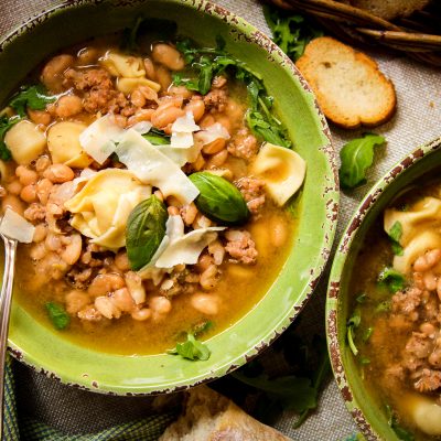 2 bowls of White Bean, Sausage and Tortellini Soup