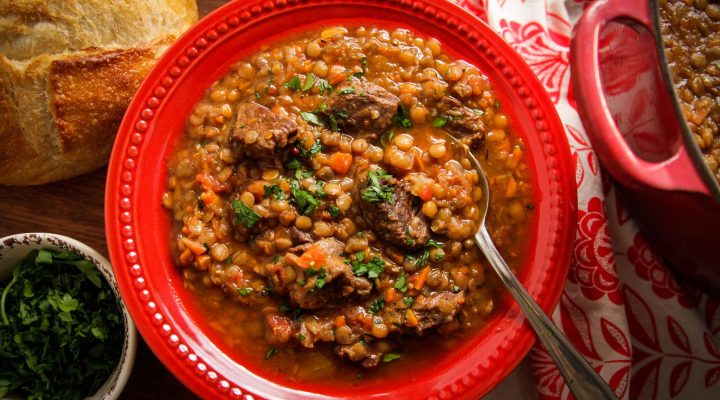 a bowl of beef lentil stew