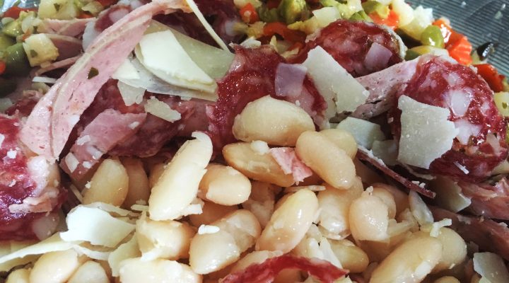 a close up of white bean salad