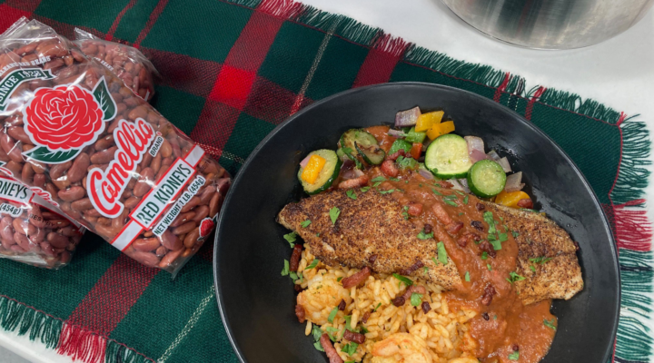 Blackened Gulf Fish with Red Bean Sauce & Sauteed Veggies