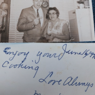 PIcture of "Maw Maw" and a friend standing in her kitchen plus a close up of the inscription Maw Maw wrote in Bonnie's book" Enjoy your cooking, Love Maw Maw"