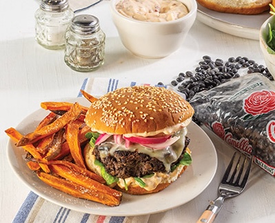 Camellia Black Bean Burgers & Sweet Potato Fries