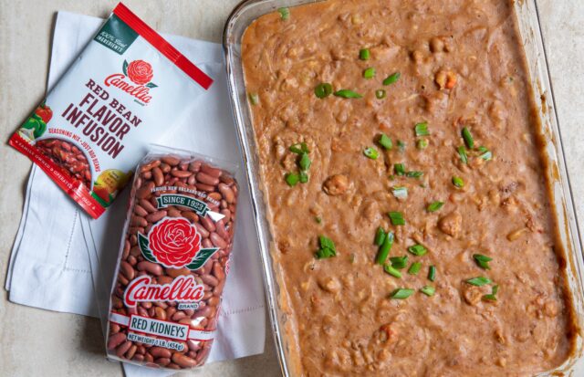 Crawfish & Red Bean Dip in a tray wtih Red Bean Infusion and Red Kidney Bean bag on the side.